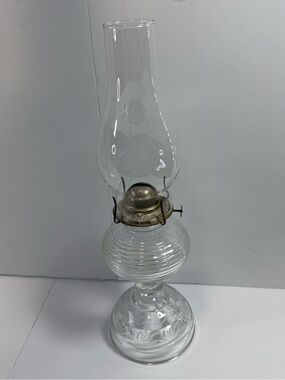 Vintage Ribbed Clear Glass Oil Lamp with Eagle Brass Burner EUC